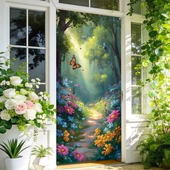 BVBOX Natural Scenery Door Cover Banner 35.4″x70.8″ – Enchanted Forest Path F…
