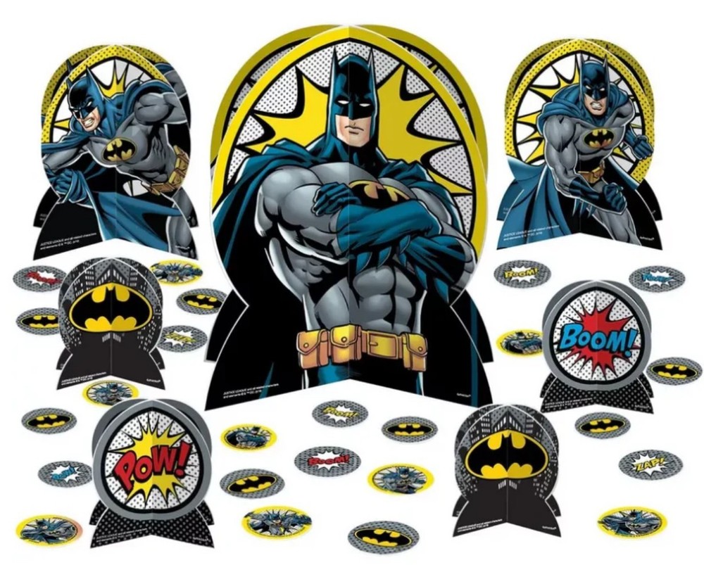 DC BATMAN HEROES UNITE PARTY TABLE DECOR KIT~ 7 Centerpieces & 24 Pcs. Confetti