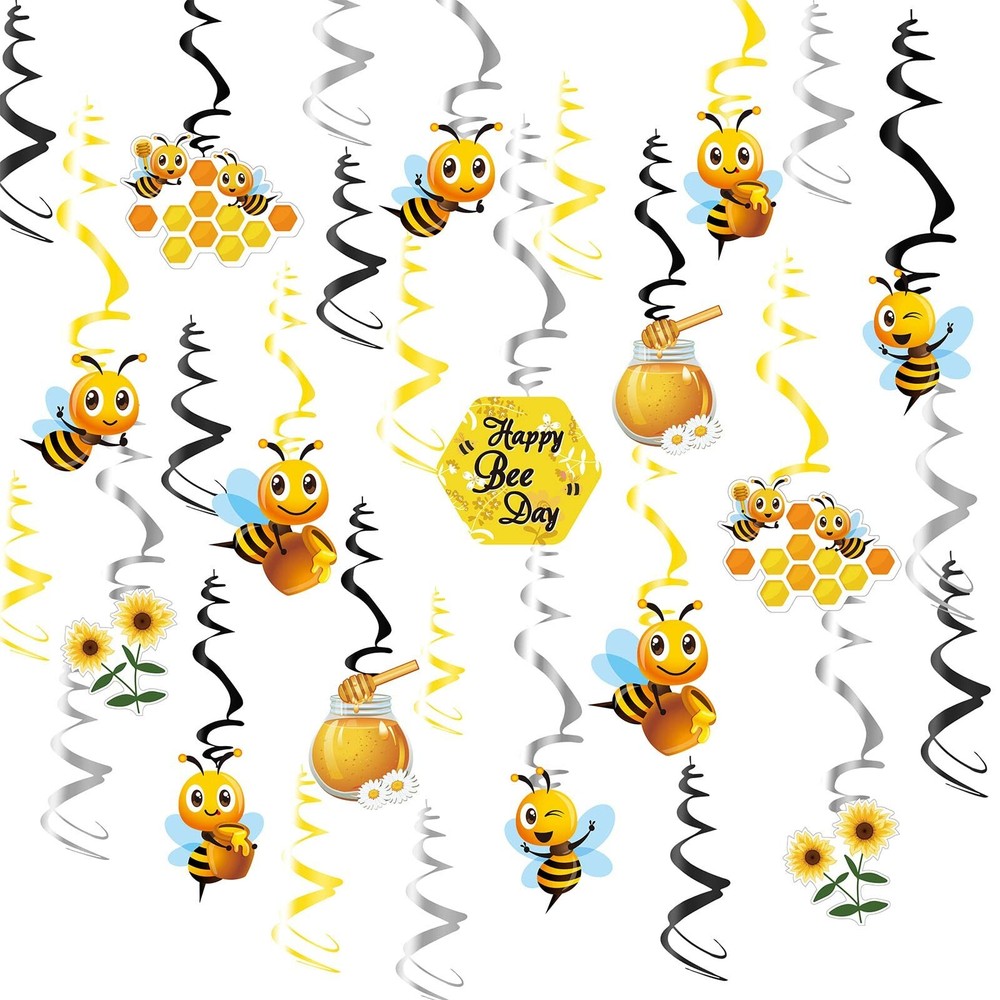 30PC Bee Theme Baby Shower Gender Reveal Birthday Party Decoration Hanging Swirl