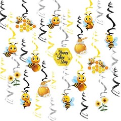30PC Bee Theme Baby Shower Gender Reveal Birthday Party Decoration Hanging Swirl