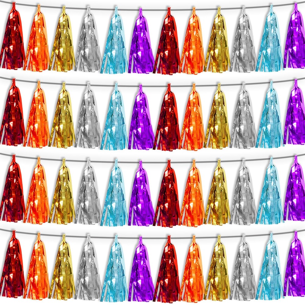4P Lake Blue Orange-Red-Gold-Silver-Purple Tassel Banner Garland Metallic Foi…