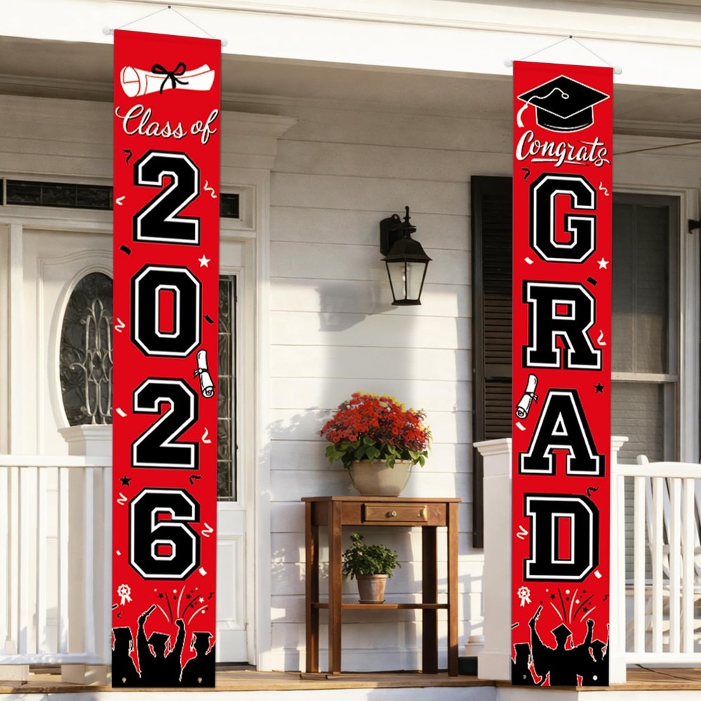 Graduation Decorations 2026 Porch Banner, Congrats 70.9 x 11.8 inches, Red