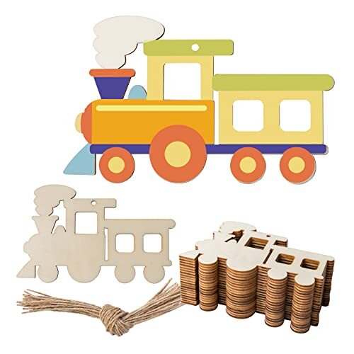 Train Shape Hanging Wood Choochoo Shape Unfinished Wood with Twines Transports