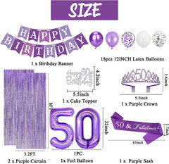 Purple Silver 50Th Birthday Decorations for Women | Banner, Sash and Crown, Cake