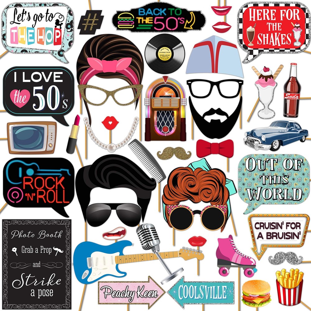 50s Photo Booth Props Kit 41 PCS 8×10 Inch Sign Sock Hop Party Decoration