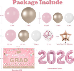 Graduation Decorations Class of 2026: Pink and Gold Graduation Balloons Arch Kit
