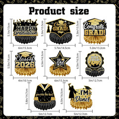 Black and Gold 8 Pieces Graduation Table Decorations, Class of 2026 Congrats Gra