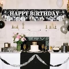 Black and White Happy Birthday Banner with Sparkly Balloons & Stars Pattern,