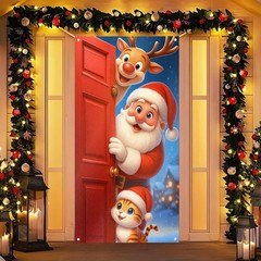 Merry Christmas Door Cover 71×35 Inch Front Porch Door Banners Decoration Win…