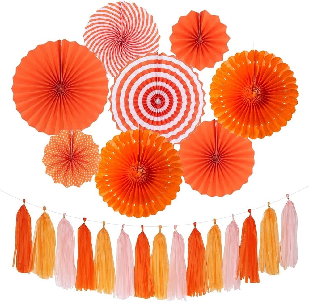 Paper Fans Party Decorations Orange Hanging Paper Fans – 23pcs Orange and Pink