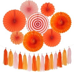 Paper Fans Party Decorations Orange Hanging Paper Fans – 23pcs Orange and Pink