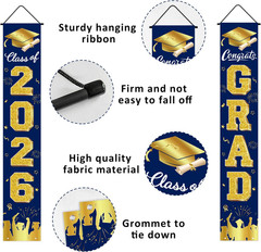 2Pcs 2026 Graduation Porch Banner Class of 2026 Congrats Grad Door Sign Decor