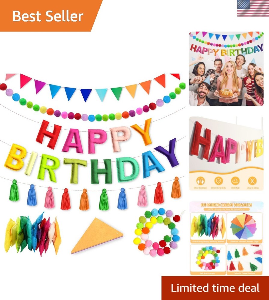 4PCS Pre-Strung Happy Birthday Banner – Felt Happy Birthday Garland, Ball Gar…