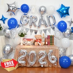 Graduation Decorations 2026 Blue Silver Banner Foil Balloons Class