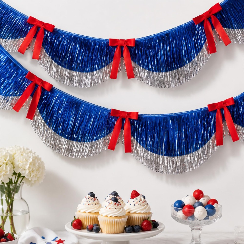 Patriotic Party Decoration 6.6 Ft Blue Silver Scalloped Banner with Red Velvet B