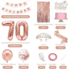 Luxurious Rose Gold 70th Birthday Party Set – Cake Topper, Banner & Balloons