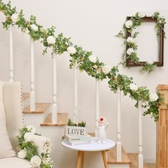 2Pcs 13Ft Artificial Eucalyptus Garlands with Flowers – 8 Roses, Faux Floral