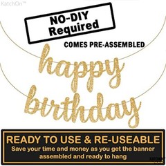 KatchOn Glitter Happy Birthday Banner – 10 Feet, Pre-Strung – Luxurious Gold