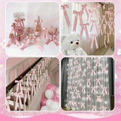 2 Strings Pink Bow Garland Banner Decorations, 16Pcs Pre-Strung Satin Ribbon