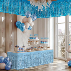 2 Pack Light Blue Lake Blue Table Skirts, 29X108″ Metallic Foil Tinsel Fringe