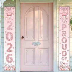Pink Graduation Party Decorations, Rose Gold Class of 2026 Porch Sign Congrats G