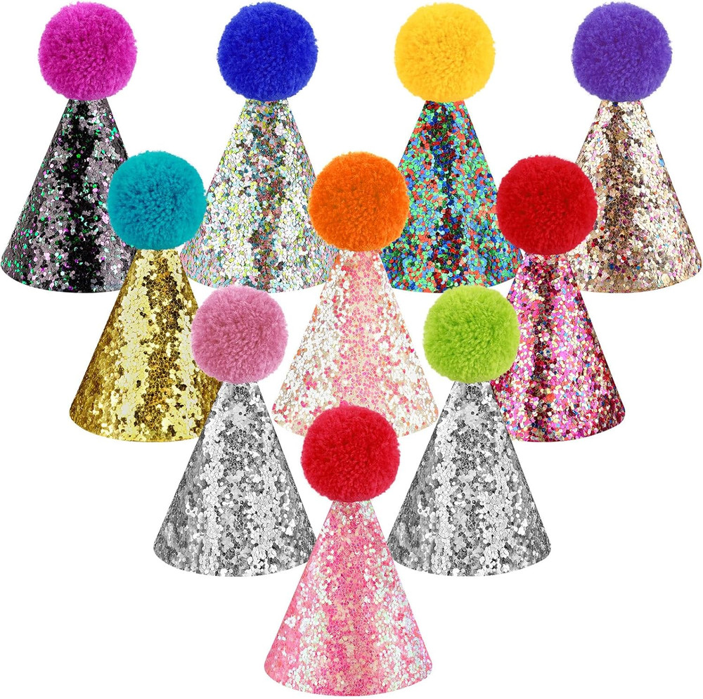 10 Pcs Glitter Mini Birthday Party Hats Sequin Cone Hats Kids Pet Decoration