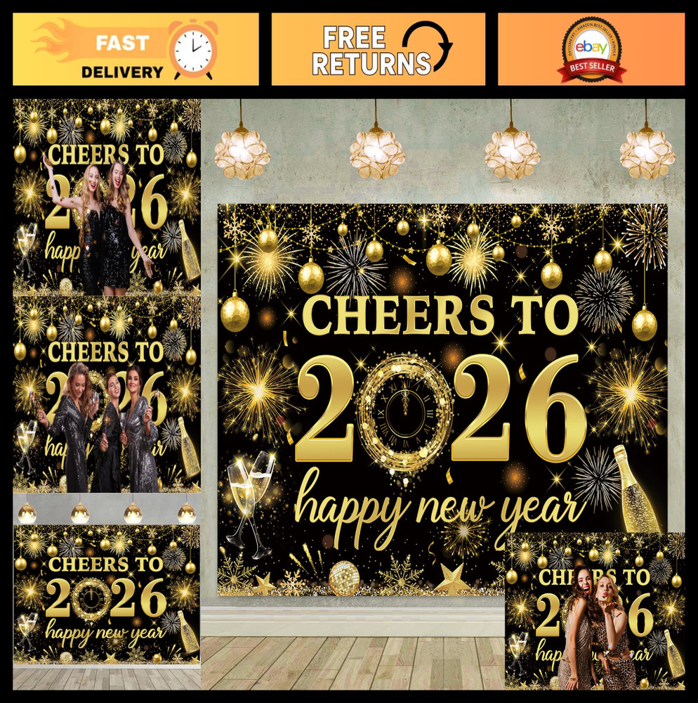 2026 New Year Backdrop Black Gold Party Decor – NYE Photography Background 7x5FT
