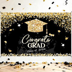 Graduation Decorations 2026 – Black and Gold Graduation Backdrop and Congrats Gr