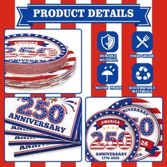 4th of July Decorations, USA 250th Anniversary Disposable Paper Plates and Napk,