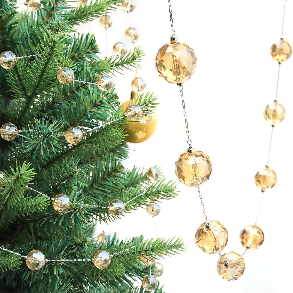 LEFERS 9.8Ft Crystal Glass Balls Christmas Garland,48 Beads 16mm Faceted Prism