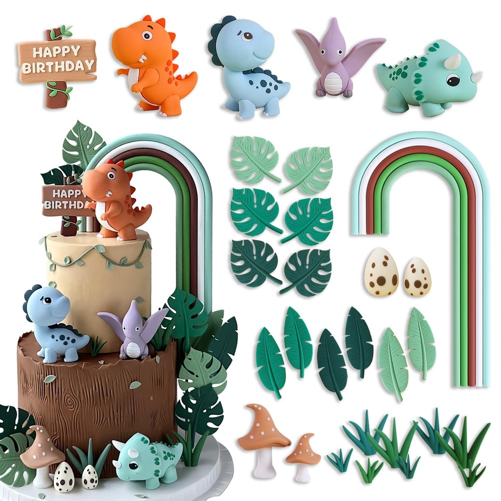 30PCS Dinosaur Cake Toppers Set for Birthday – Washable Reusable Jungle Theme…