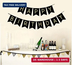 Happy Birthday Banner Black Gold Pre Strung Party Bunting Decoration Decor