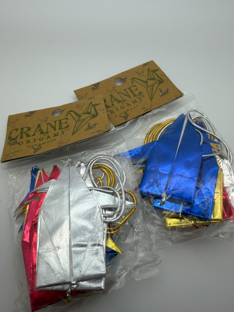 Crane Origami Paper Hanging Garlands (Lot of 2) Metallic Blue Gold Silver Red