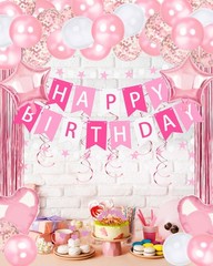 Pink Happy Birthday Party Decorations, Happy Birthday Banner, Pink Foil Heart…