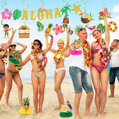 Luau Party Decorations Hawaiian Aloha Banner Hanging Swirls and Honeycomb Center