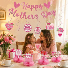 Happy Mothers Day Decorations Banner Pink Glitter, Mother’S Day Hanging Swirls a