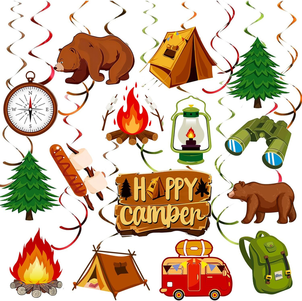 Happy Camper Hanging Swirls Camping Themed Party Decorations 21PCS Camping Adven
