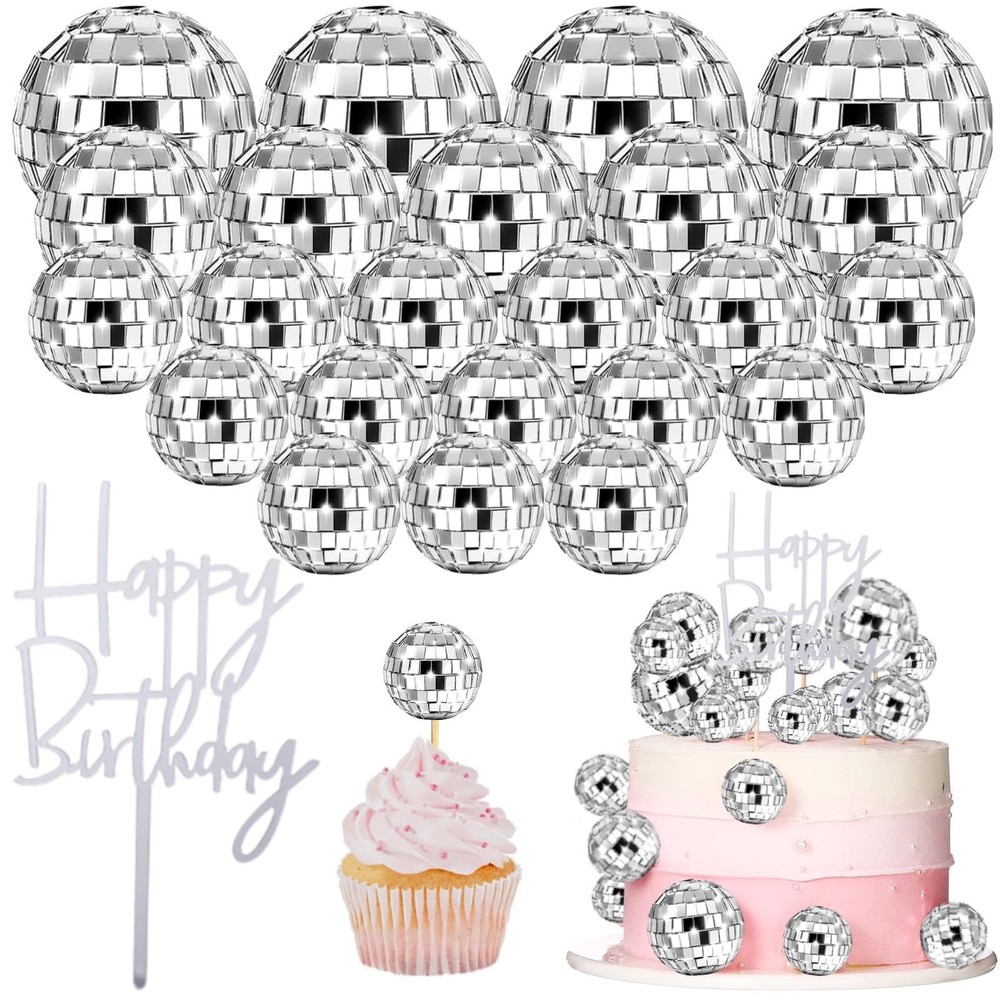 24 PCS Disco Ball Cake Toppers Happy Birthday Cake Topper 1970s Retro Disco T…
