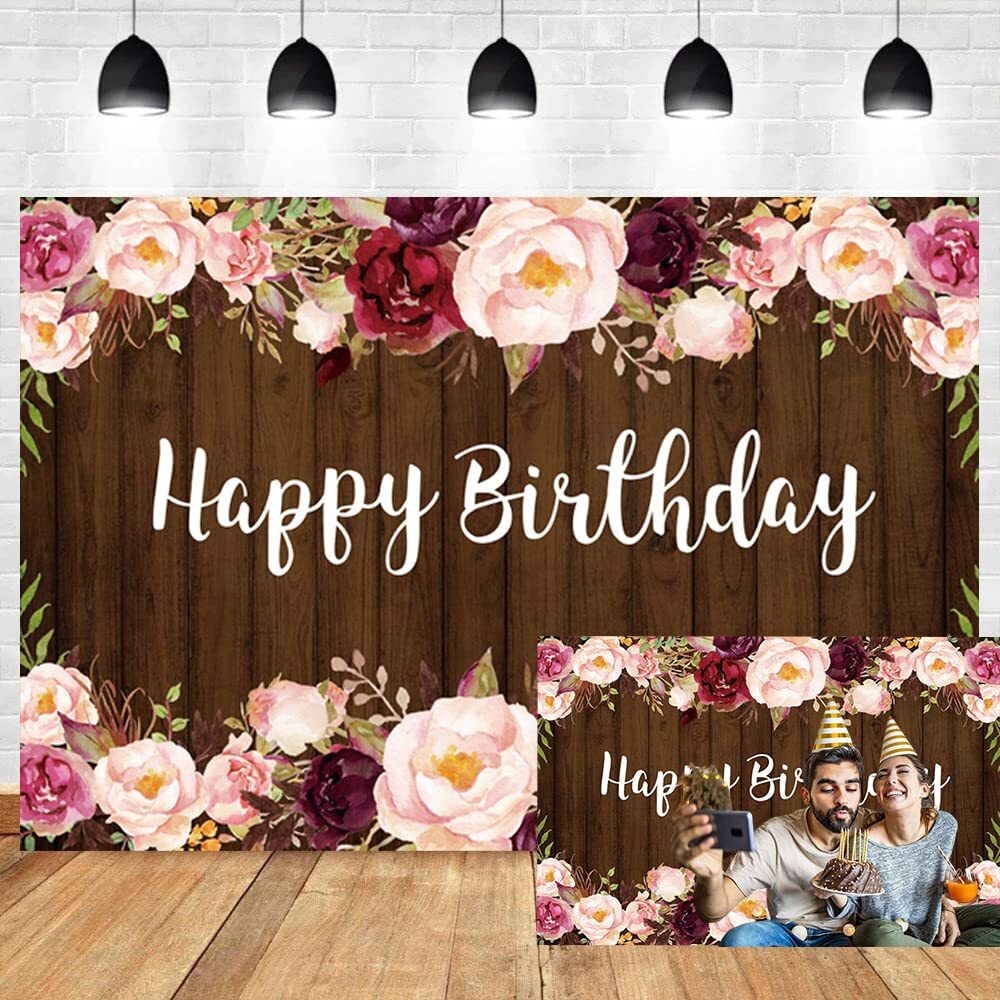 Floral Wood Birthday Backdrop Rustic Brown Wood Pink Flowers Happy Birthday P…