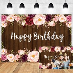 Floral Wood Birthday Backdrop Rustic Brown Wood Pink Flowers Happy Birthday P…