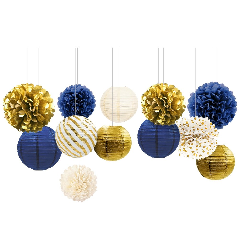 NICROLANDEE Navy Blue and Gold Decorations, 12PCS Hanging Paper Lanterns Tiss…