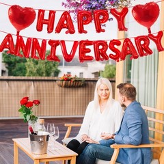 16 Inches Red HAPPY ANNIVERSARY Letter Balloons Banner with Two 18-Inch Heart…