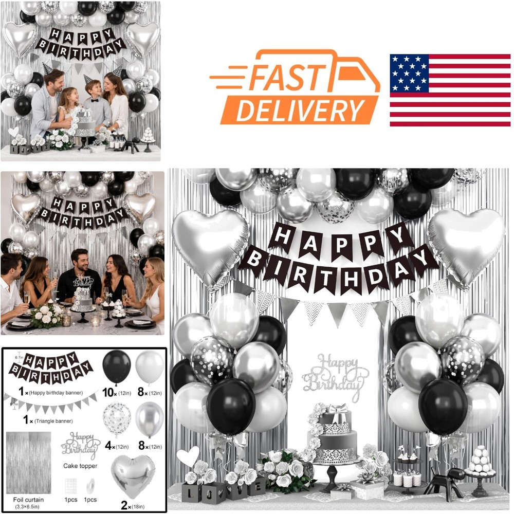 Happy Birthday Party Decorations Black Silver Balloons and Fringe Curtain Set