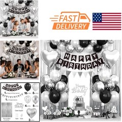 Happy Birthday Party Decorations Black Silver Balloons and Fringe Curtain Set