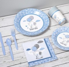 168 Pc.Elephant Themed Baby Boy Shower Tableware Set.Plates,napkins,cups,utensil