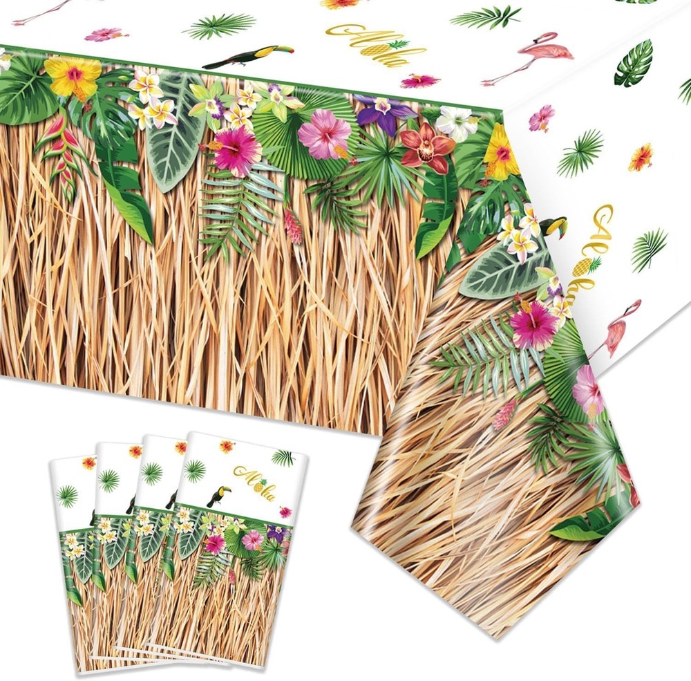 4 Pack Hawaiian Luau Grass Tablecloths Hawaii Luau Table Skirt Party Decorations
