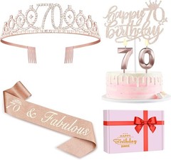 Gorgeous 70th Birthday Decorations for Women: Sash & Tiara Gift Set in Rose Gold