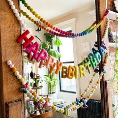3Pcs Pre-Strung Happy Birthday Banner with Wool Balls, Rainbow Party