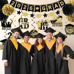 Black and Gold Graduation Decorations, 2026 Grad Banner and Congrats Grad Han…