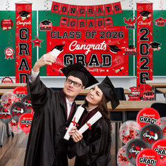 Graduation Decorations Red and Black Party Decor Set Include Congrats Grad